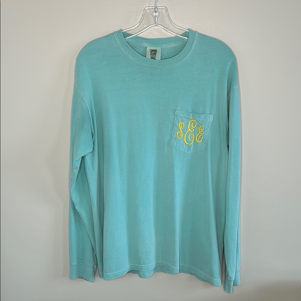 Aqua Long Sleeve Monogrammed Shirt, Size Medium